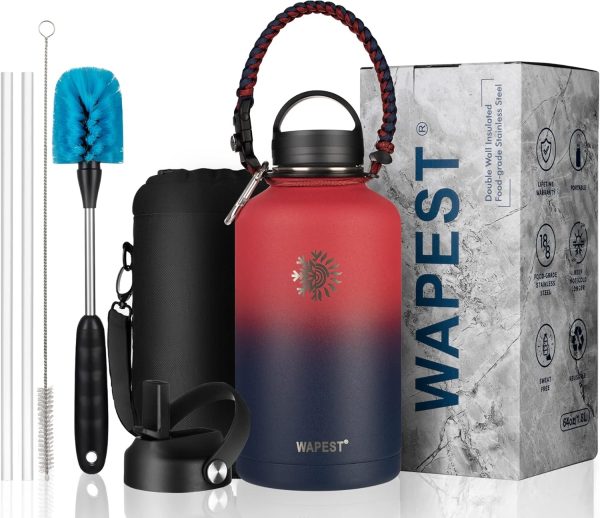 128 oz Water Bottle with Paracord Handle & Bottle Brush - Large Stainless Steel Water Bottle with Carrying Pouch & 2 Lids - Double Wall Vacuum Water Jug for Sport Gym Camping, Peach Pink&Blue - Image 47