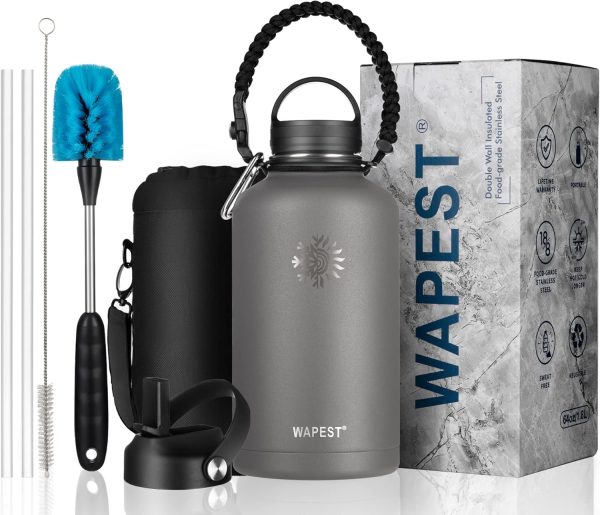 128 oz Water Bottle with Paracord Handle & Bottle Brush - Large Stainless Steel Water Bottle with Carrying Pouch & 2 Lids - Double Wall Vacuum Water Jug for Sport Gym Camping, Peach Pink&Blue - Image 69