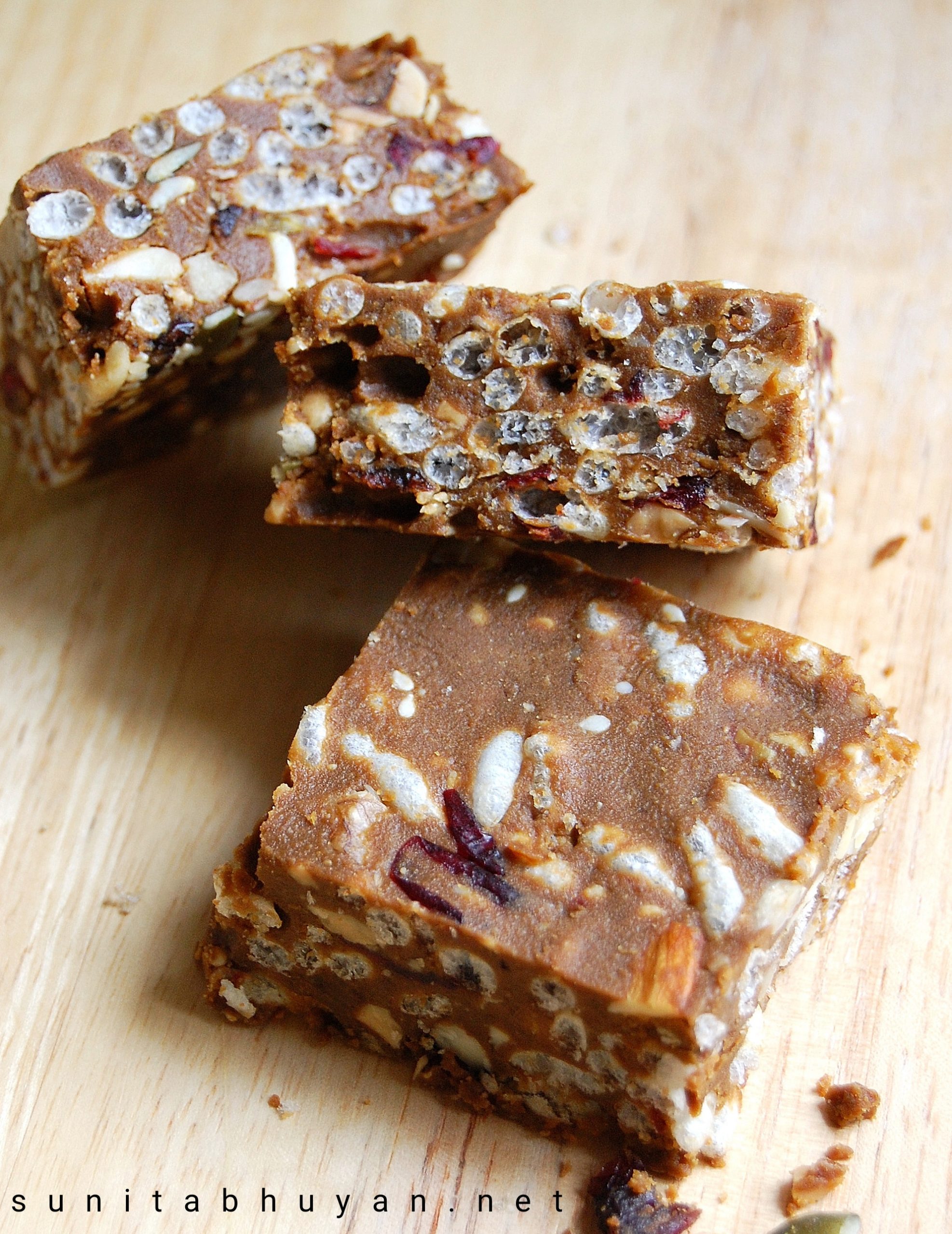 Peanut butter, puffed rice and fruit and nut squares Sunita's World