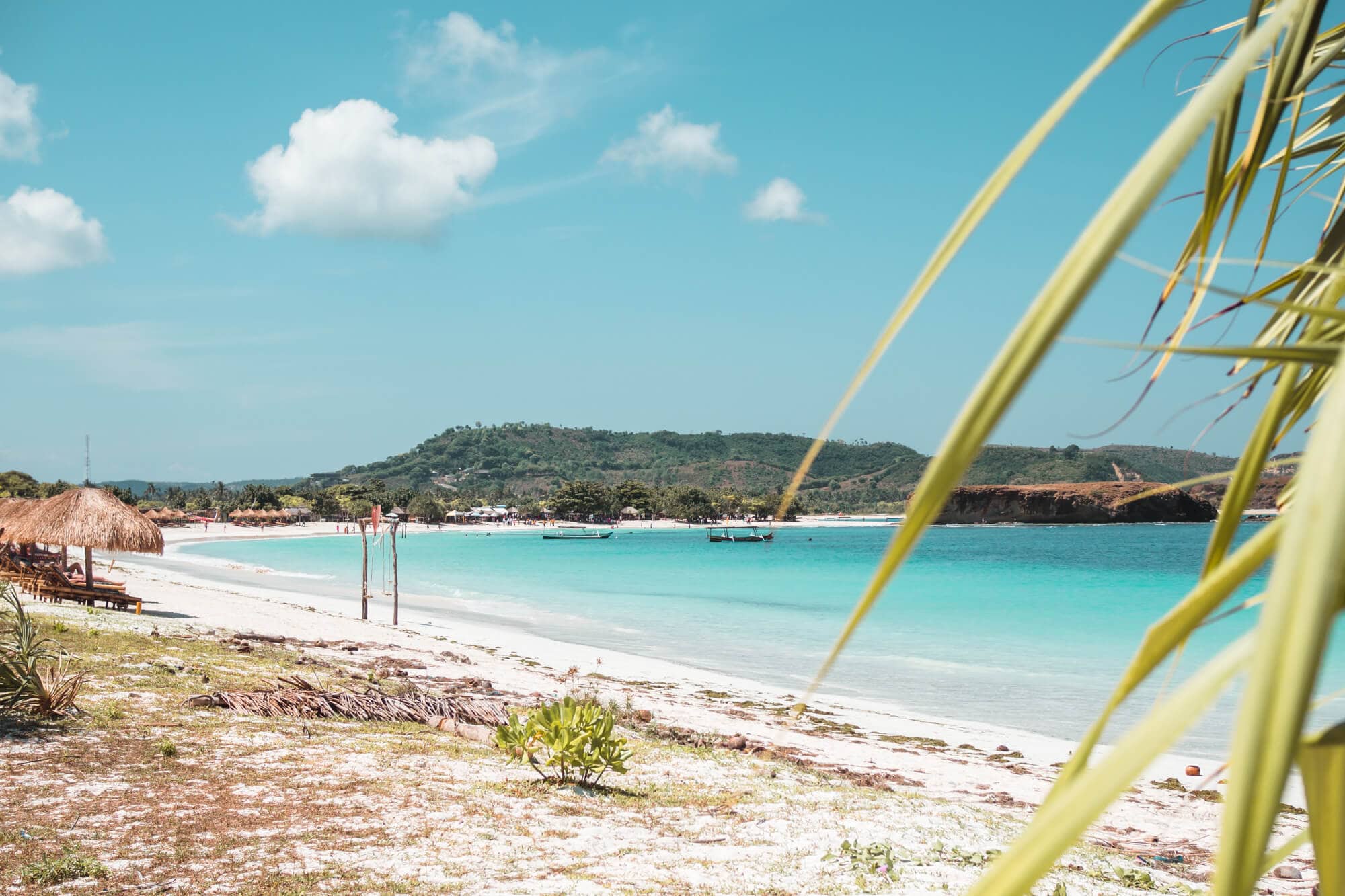 View of white sand half moon shaped Tanjung Aan Beach in Kuta Lombok. With green leaves in the foreground, turquoise water and green hills in the background.