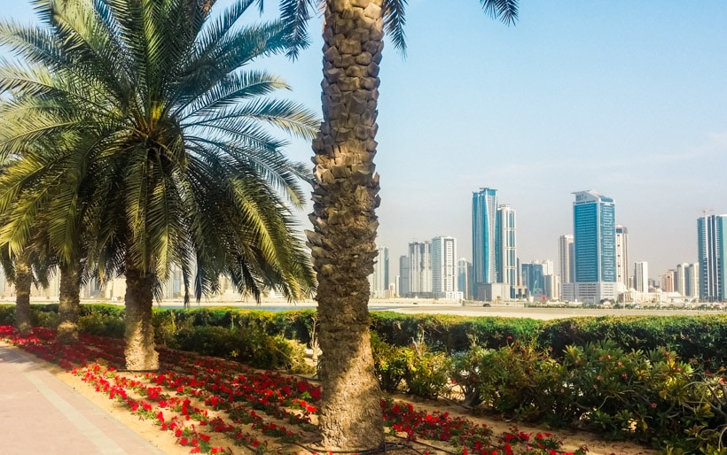 View of the Sharjah skyline outside Al Mamzar Beach Park