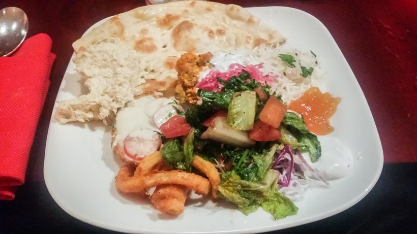 White plate full of food from the delicious Buffet at the Atlantis The Palm Hotel Dubai