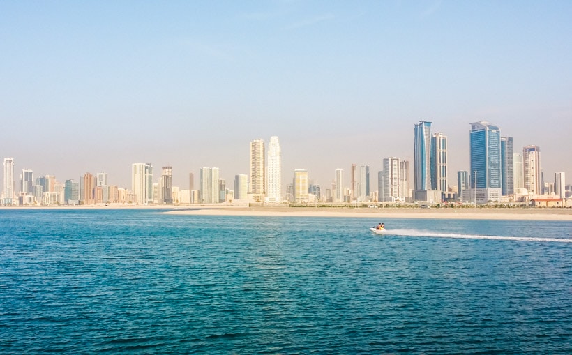 View of the Sharjah skyline outside Al Mamzar Beach Park