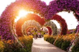 Walkway under large heart-shaped flower arches at sunset in Dubai Miracle Garden during your two days in Dubai.