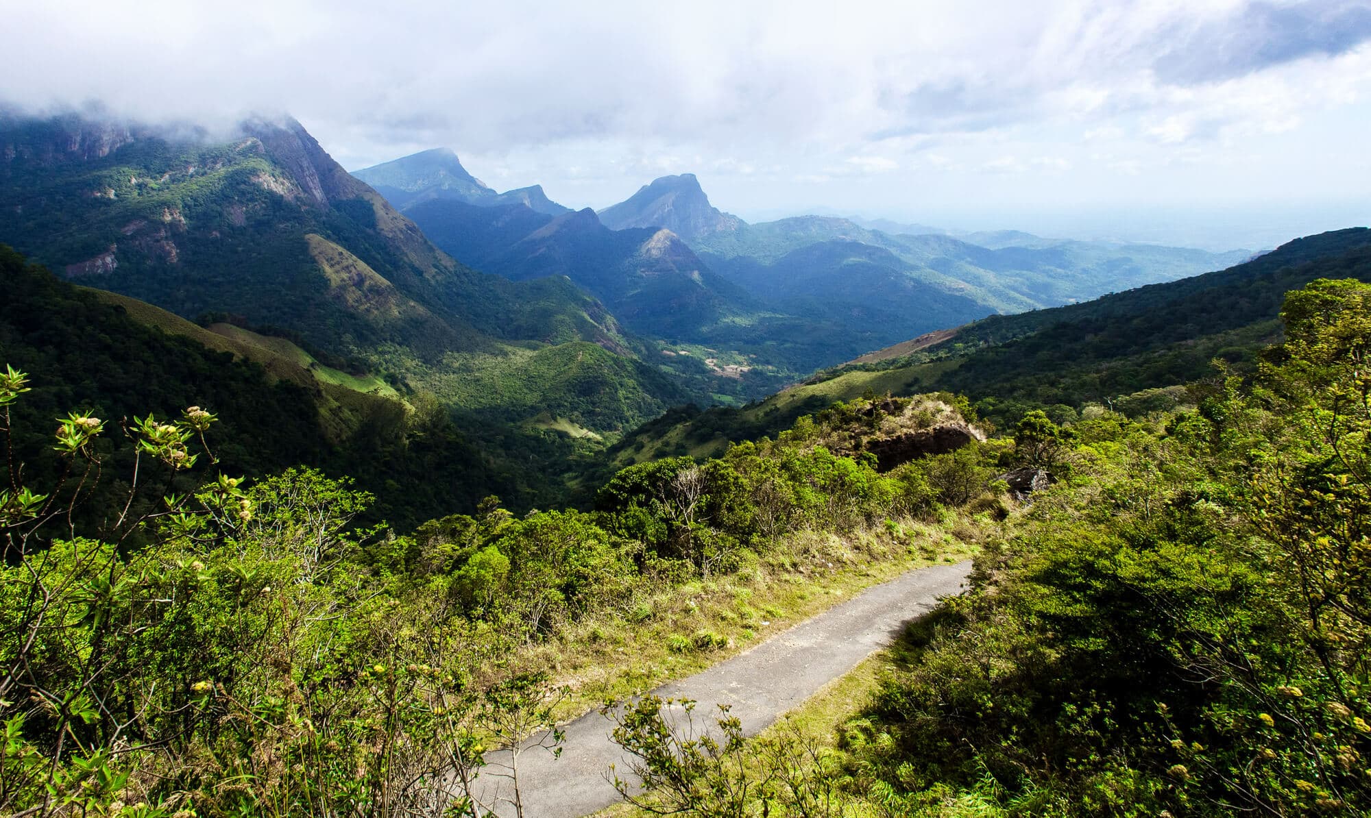 Gravel road running through greenery with the Knuckles Mountain Range in the background, one of the best places to visit close to Kandy.