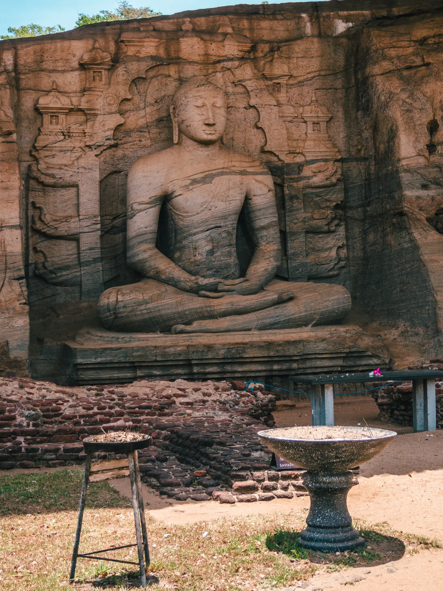 Large Buddha in lotus position carved into the rockface at Gal Vihara in Polonnaruwa.