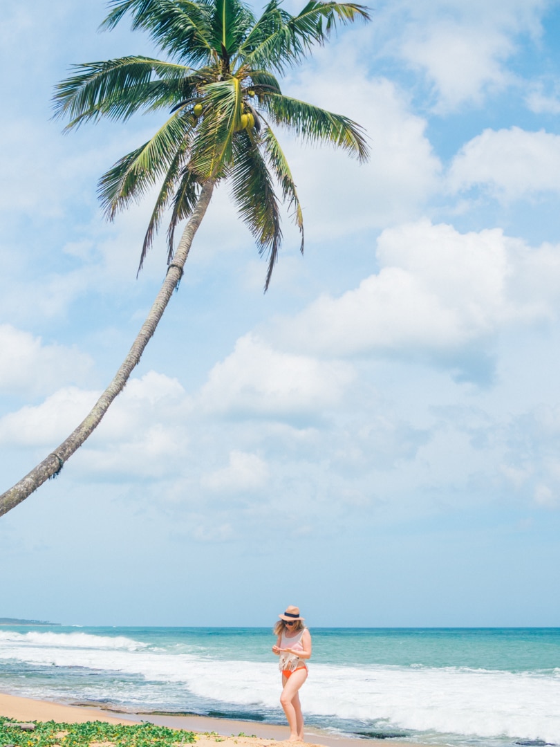 Girl searching for sea shells under a single palm tree on Tangalle beach, Sri Lanka.