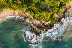 Drone view of palm tree jungle and a hotel set on an outcrop by the water in Tangalle, Sri Lanka.