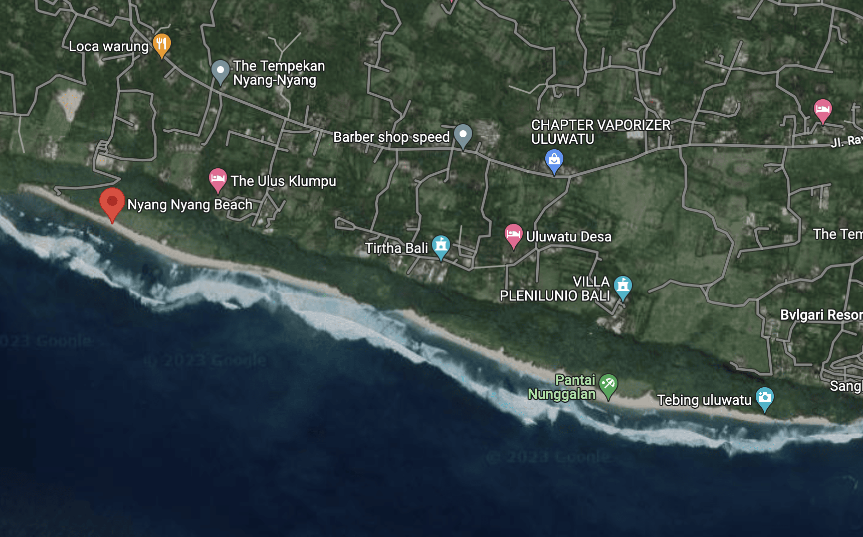 A map of Nyang Nyang and Nunggalan Beach in Uluwatu, Bali.