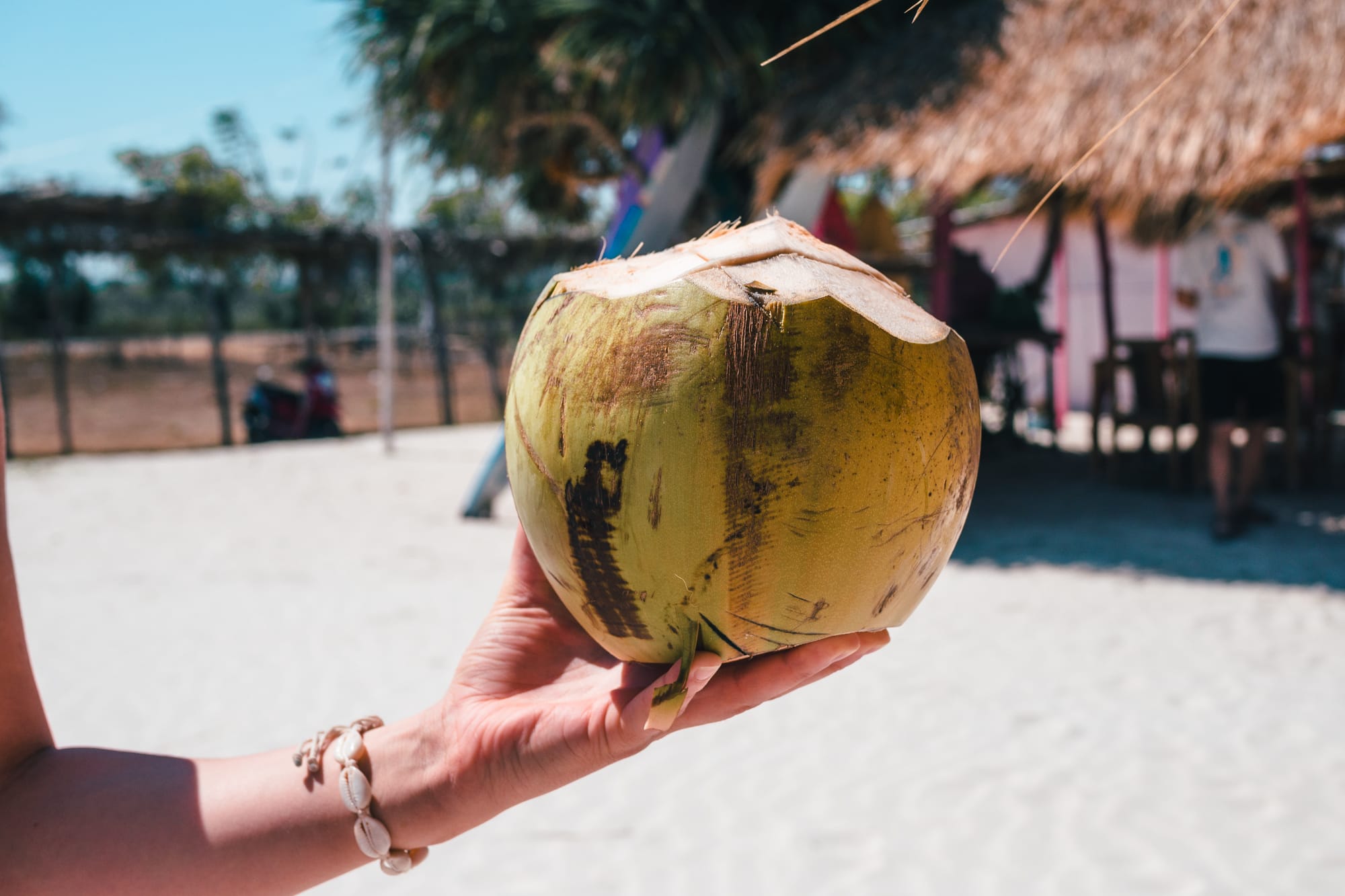 Girl holding a coconut outside a pink warung at Tanjung Aan Beach Lombok