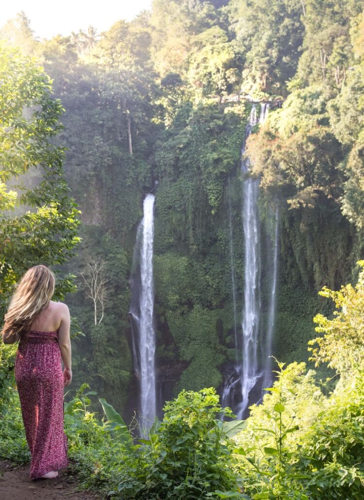 Girl in a red dress in front of Sekumpul Waterfall in Bali