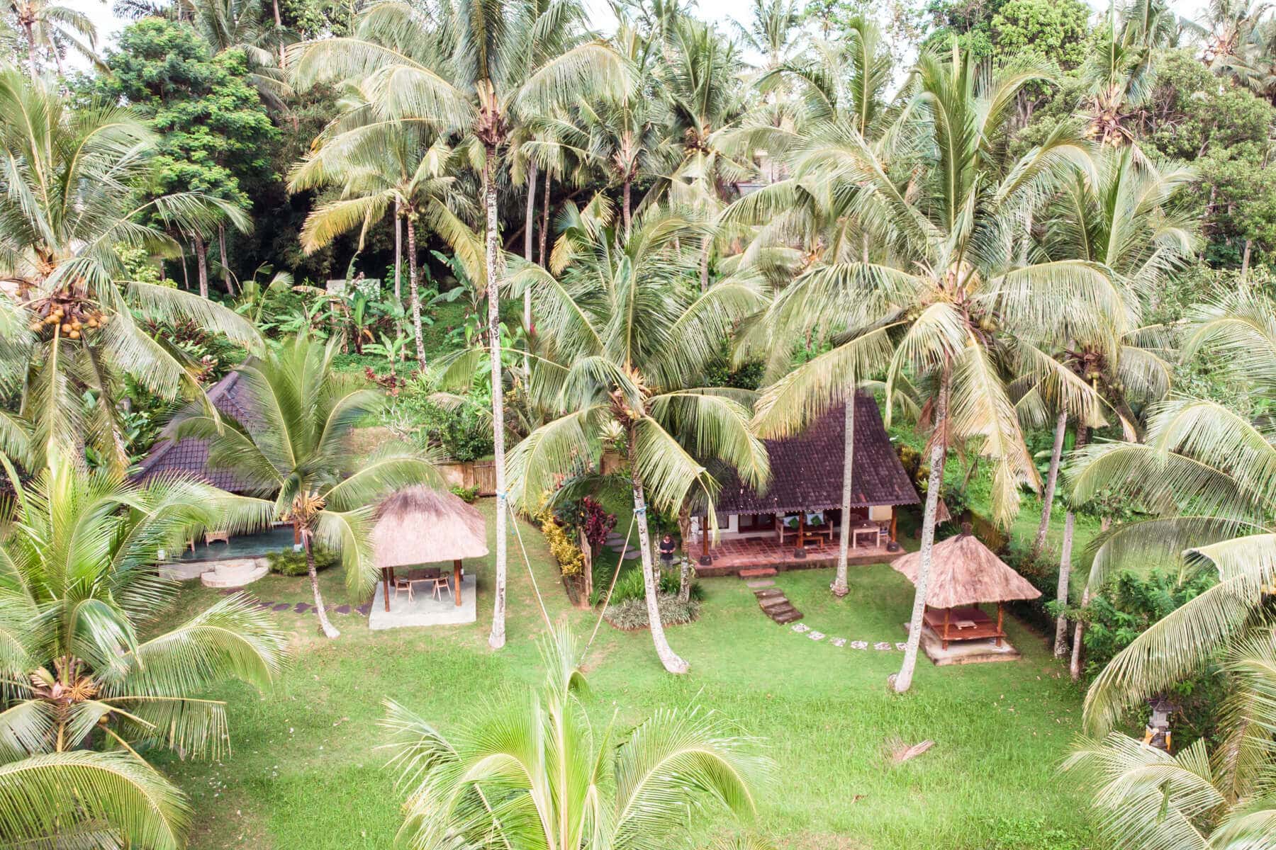 Villa with a private swing set in the palm tree jungle of Ubud seen from above - Indonesia vs. Thailand best accommodation