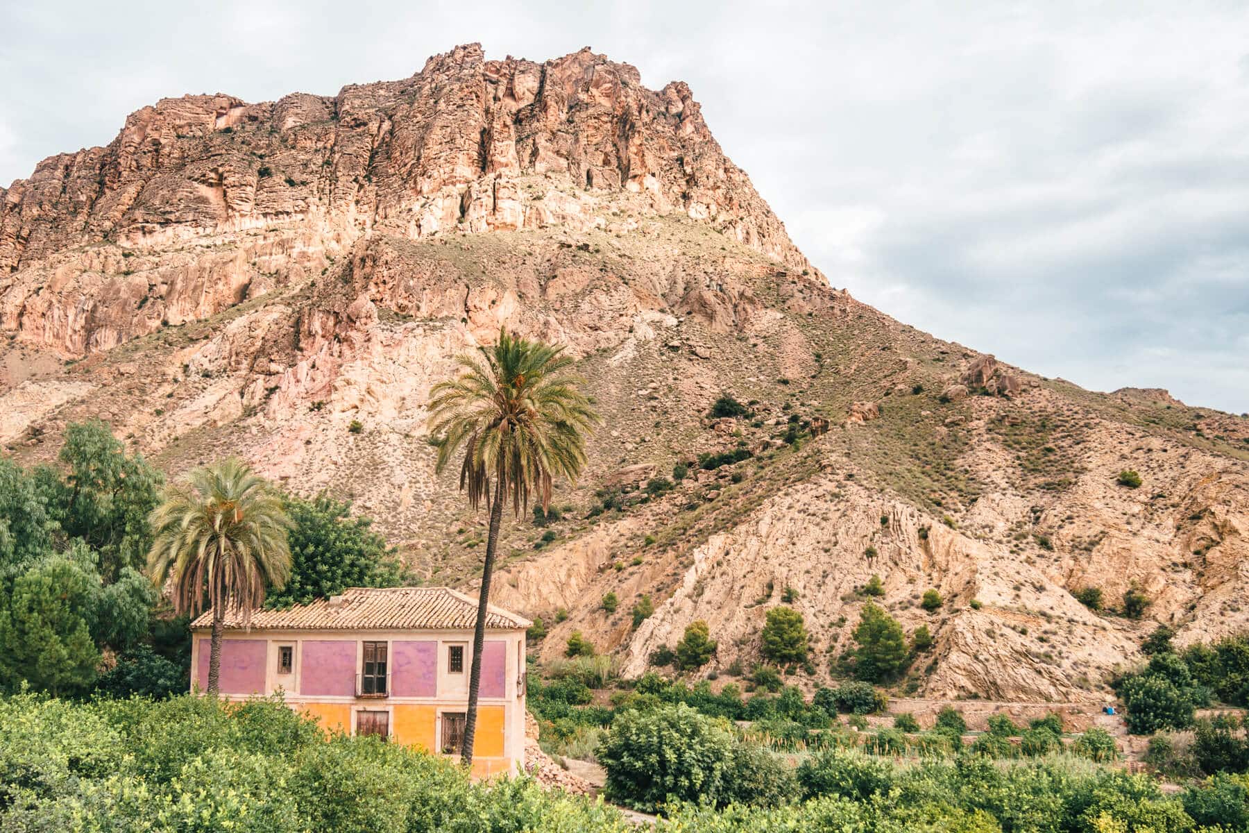 Purple and yellow house in front os a mountain with two palm trees in front, in the stunning Ricote Valley, one of the top things to do un Murcia Spain