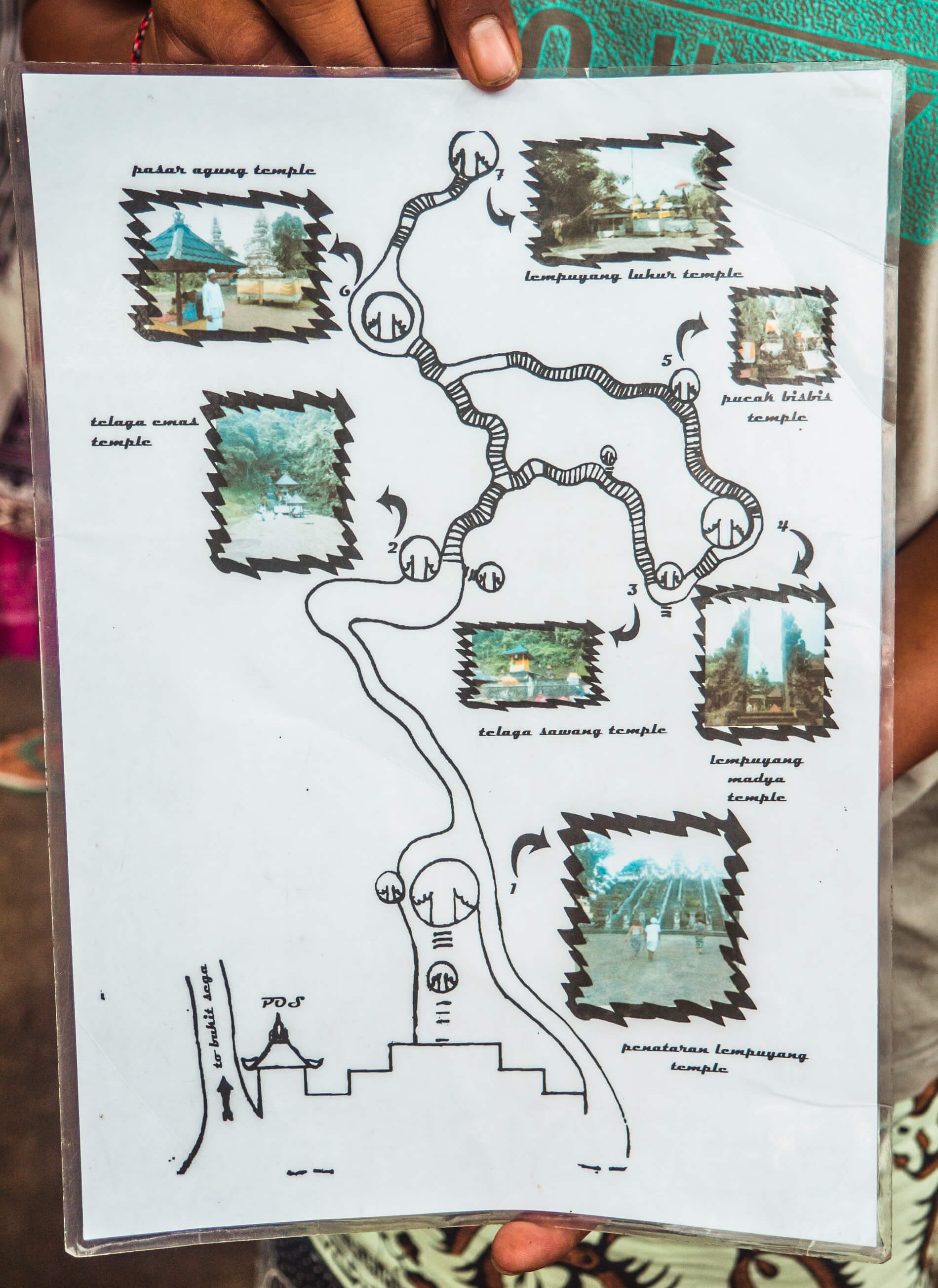 Man holding a map of the entire Pura Lempuyang Temple complex in Bali.