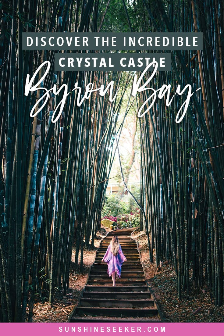 Why you should visit the magical Crystal Castle located in the Byron Bay hinterlands, NSW Australia. See the world's largest amethyst crystals, a world peace stupa, a large buddha sculpture surrounded by rose quartz + so much more #crystalcastle #byronbay #newsouthwales #australia #travelinspo