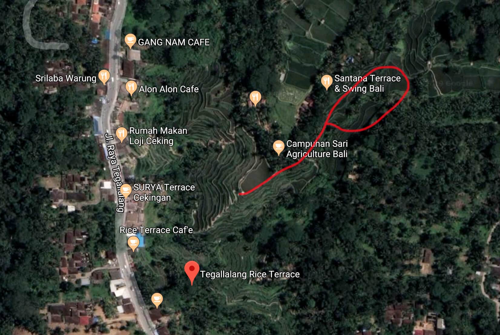 A map that shows you how to find the Instagram sunrise photography location in Tegalalang Rice Terrace, Ubud, Bali