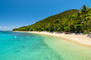 The crystal clear turquoise oceam white sand and palm trees of the narrow Welcome Bay beach on Fitzroy Island.