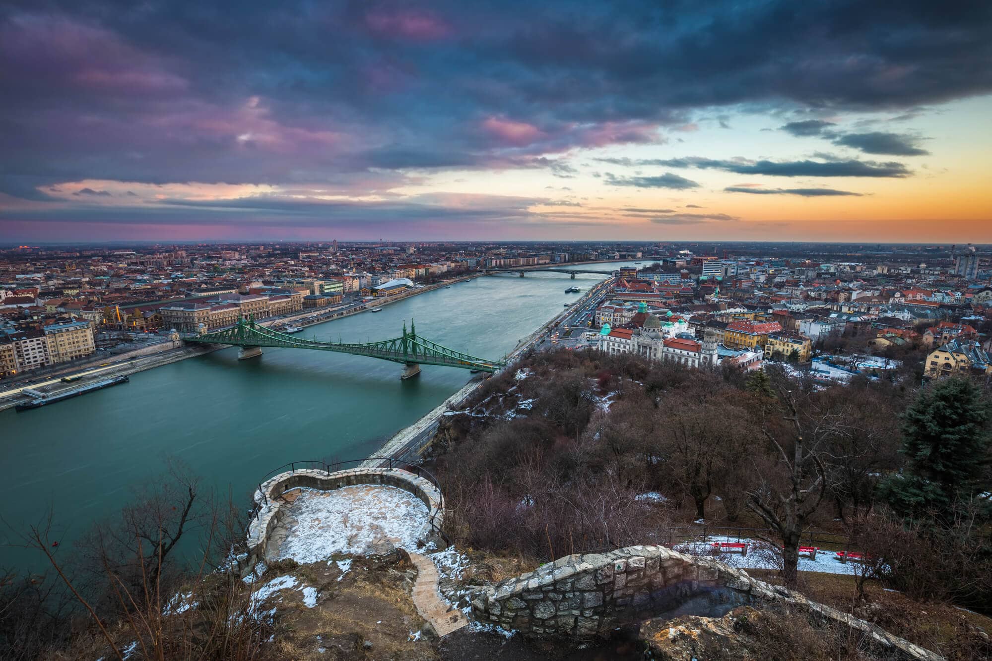 Budapest Instagram photo guide - Sunset view of Budapest seen from Gellért Hill Citadel