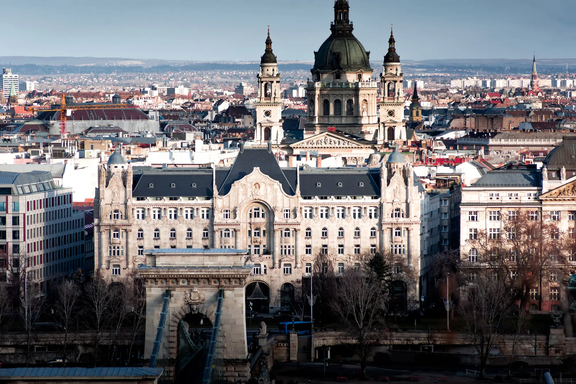 Serial view of Budapest cityscape with the old Gresham Palace in the foreground, one of the top Insta locations in Budapest.