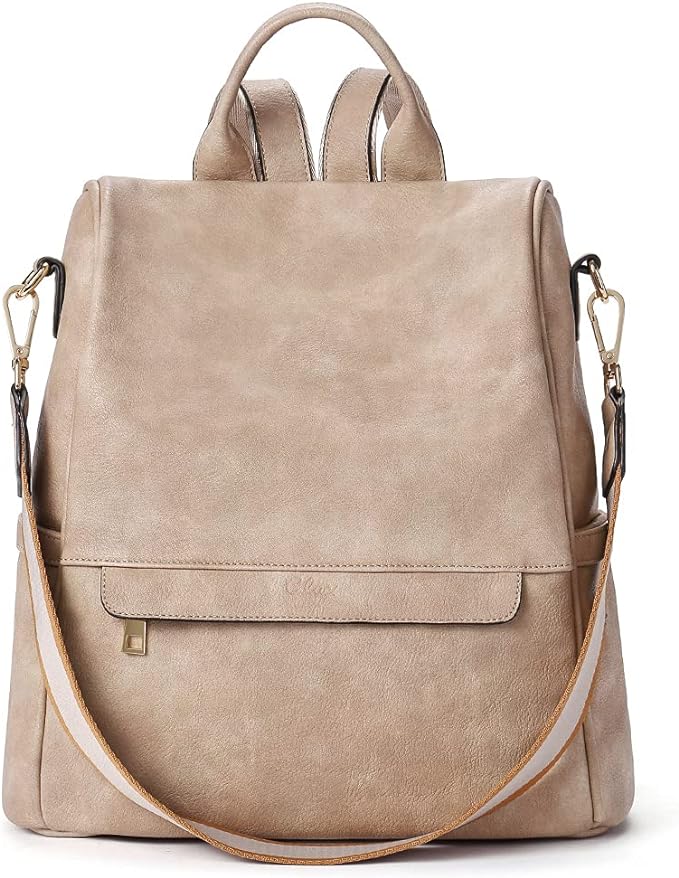 Stylish anti-teft backpack in beige faux leather, the perfect travel gift for her.