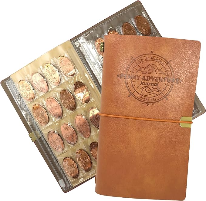 Pressed Penny collector's book in brown faux leather, the perfect travel gift under $50 for him and her.