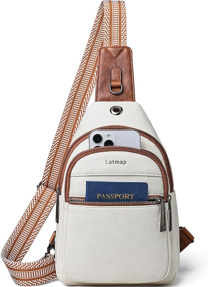 Stylish bag meet fanny pack in white PU leather with patterned strap, the perfect travel gift idea for her.