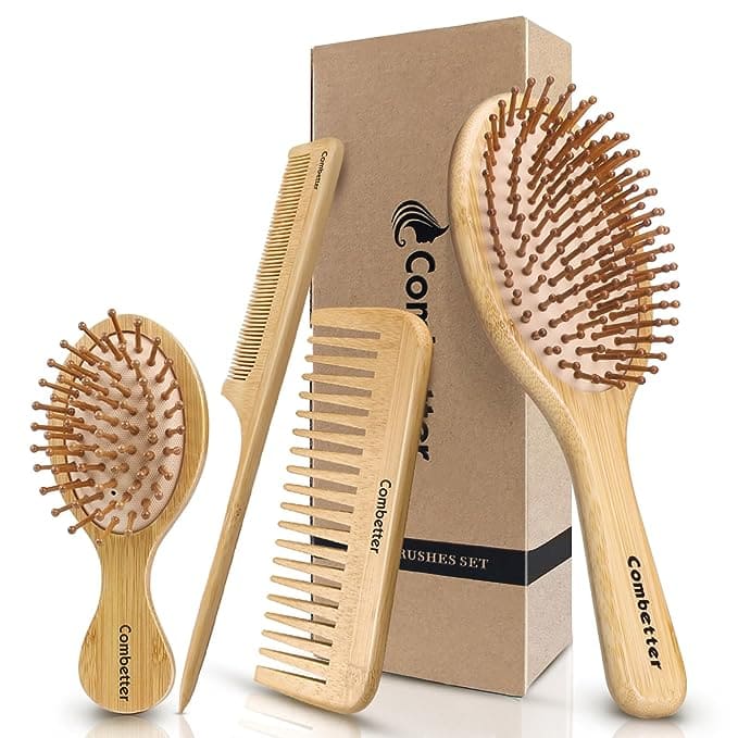 Sustainable bamboo hairbrush and comb set, the perfect travel gift under $50.