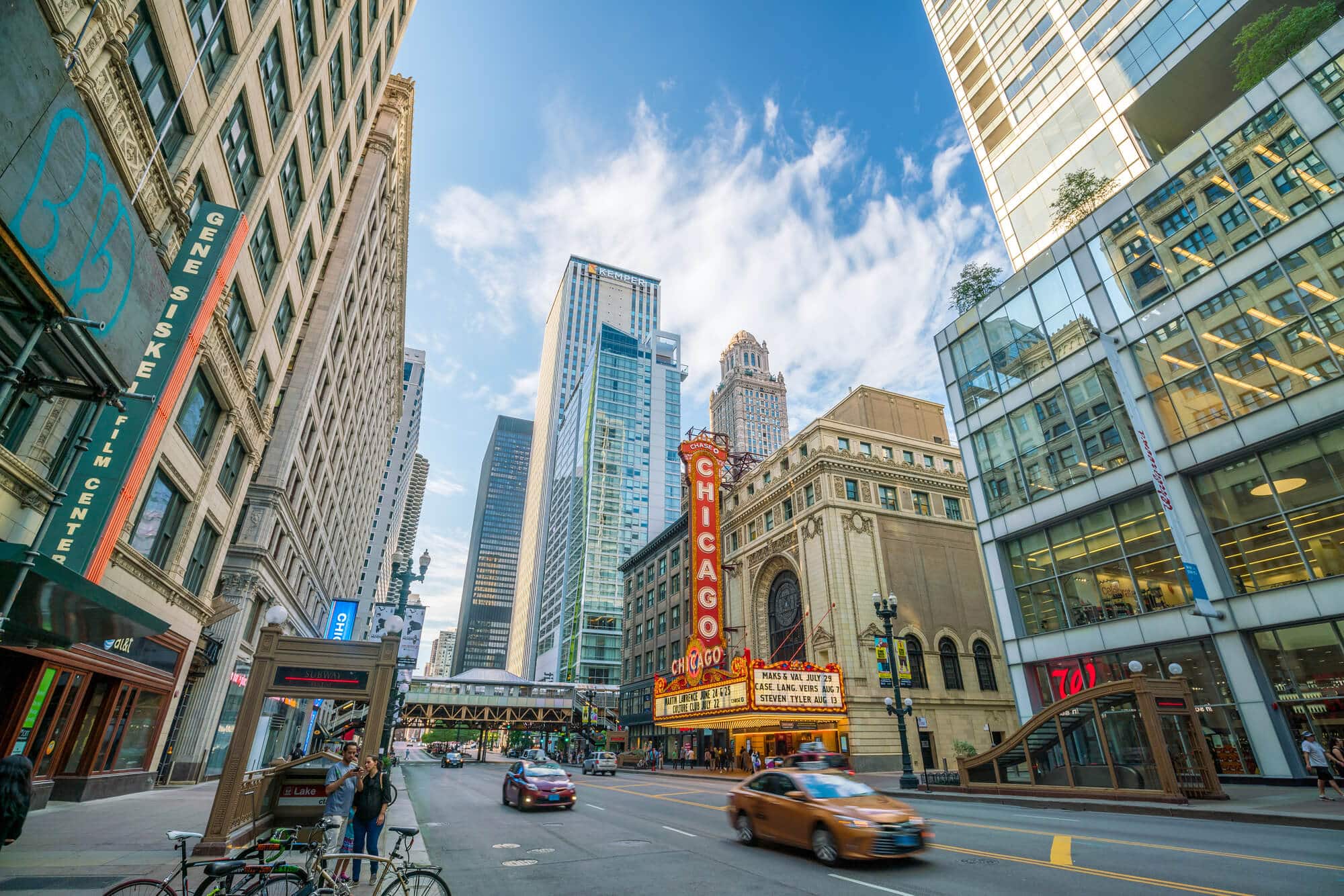 The famous Chicago Theatre in the Loop Downtown, one of the best areas to stay in Chicago.