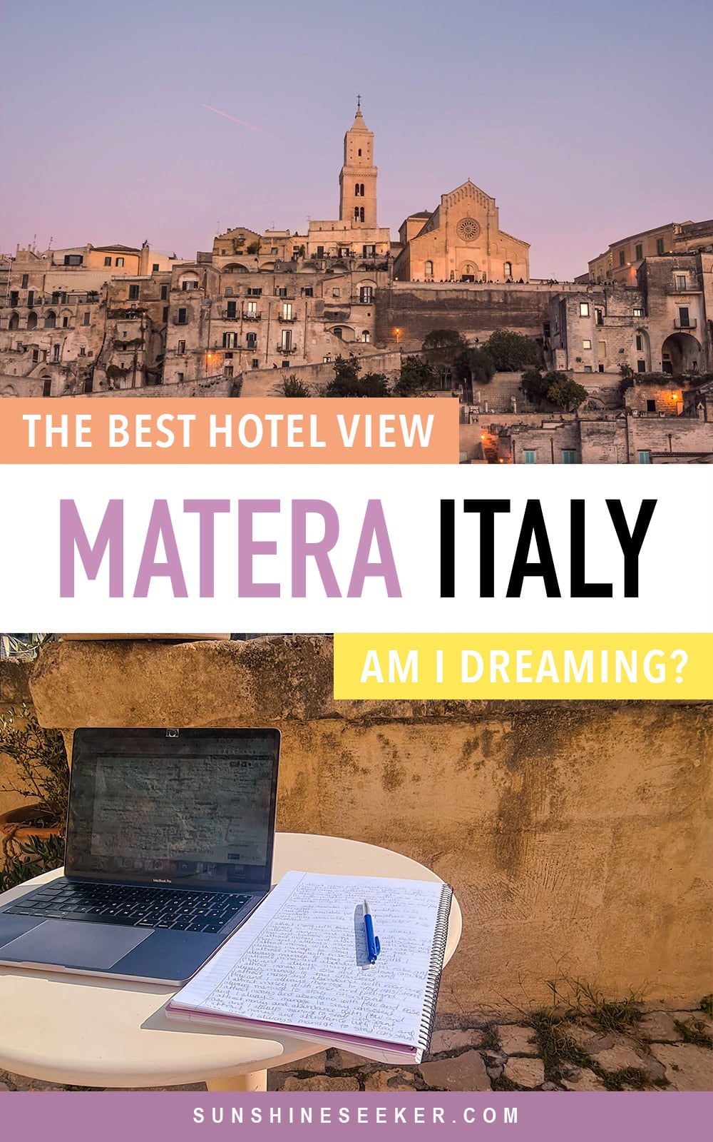 Discover the hotel with the best view in Matera, Italy. You have to see this place. It's like a real-life fairytale! Be sure to save this hotel for when you visit Matera I Best Matera Italy accommodation I Best hotel in Matera I Best view in Matera