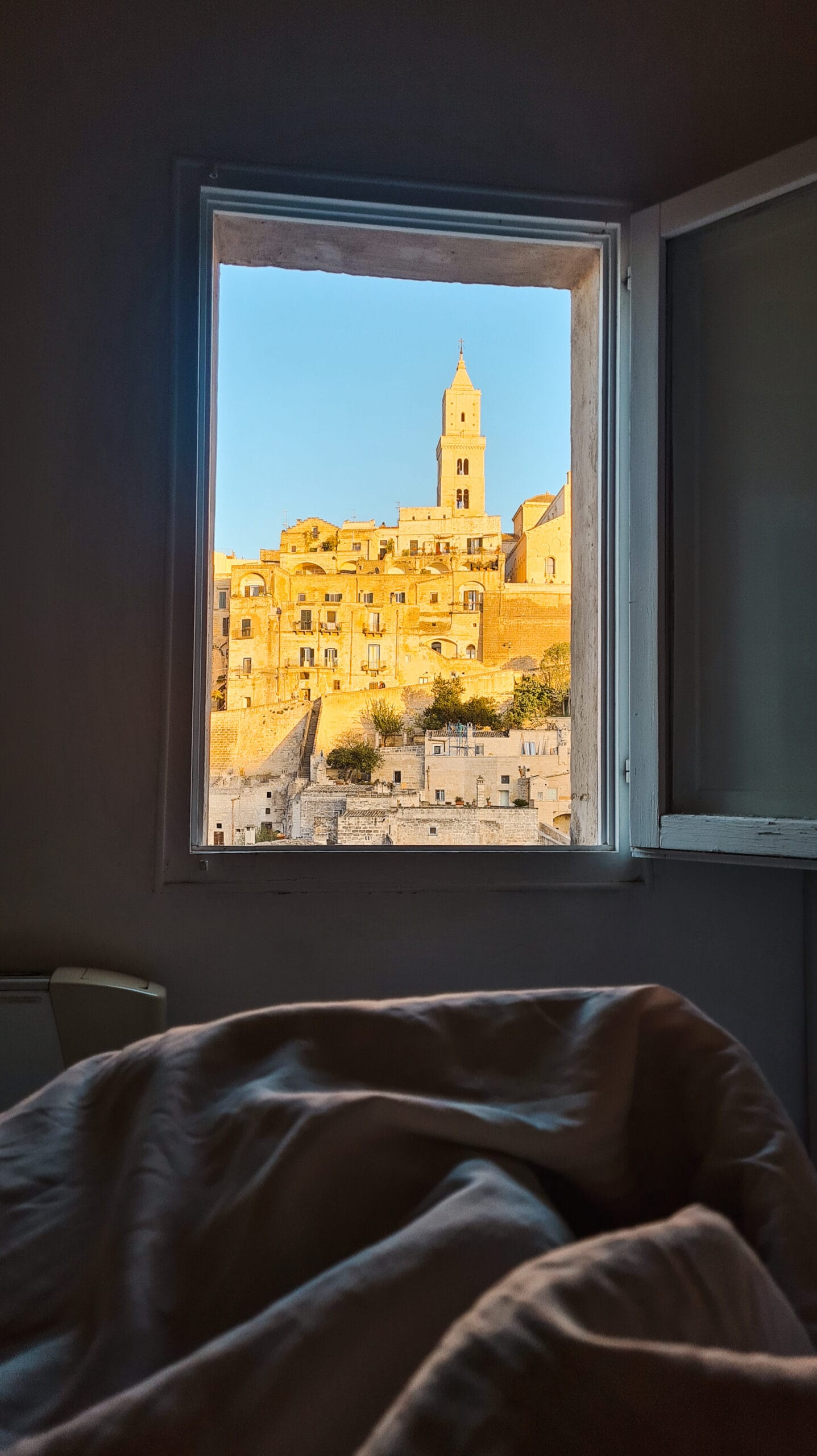 The best view in Matera seen from my bed at Hotel Sassi