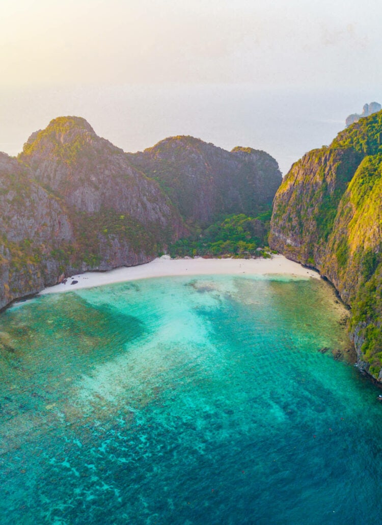 Best guided tours in Krabi Thailand - Arial view of Maya Beach in the Phi Phi Islands