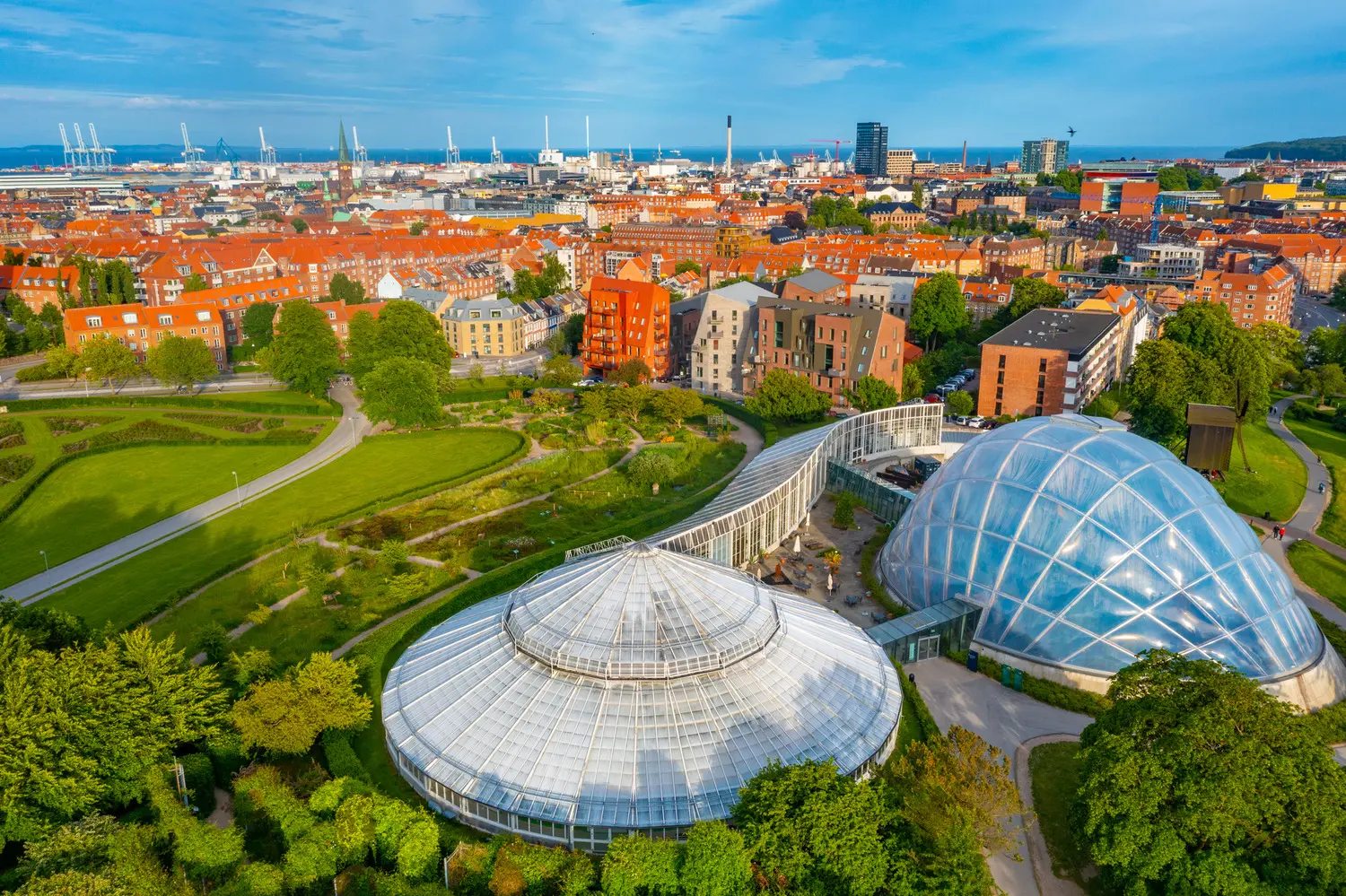 Aerial view of two circular greenhouses surrounded by trees and lawns at the Botanical Garden with Aarhus city in the background.