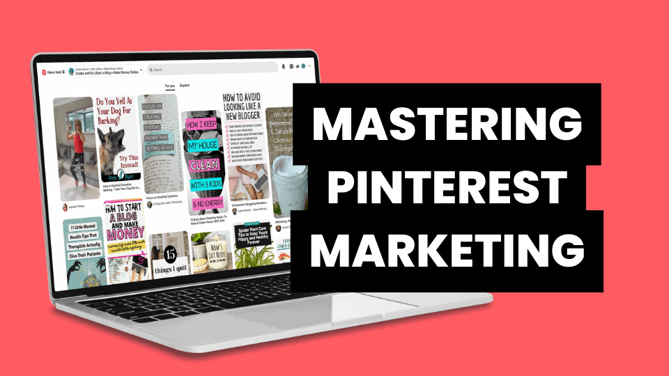 Mastering Pinterest Marketing (Create and Go course review) in white text on black background in from of a laptop with Pinterest open, on a red background.