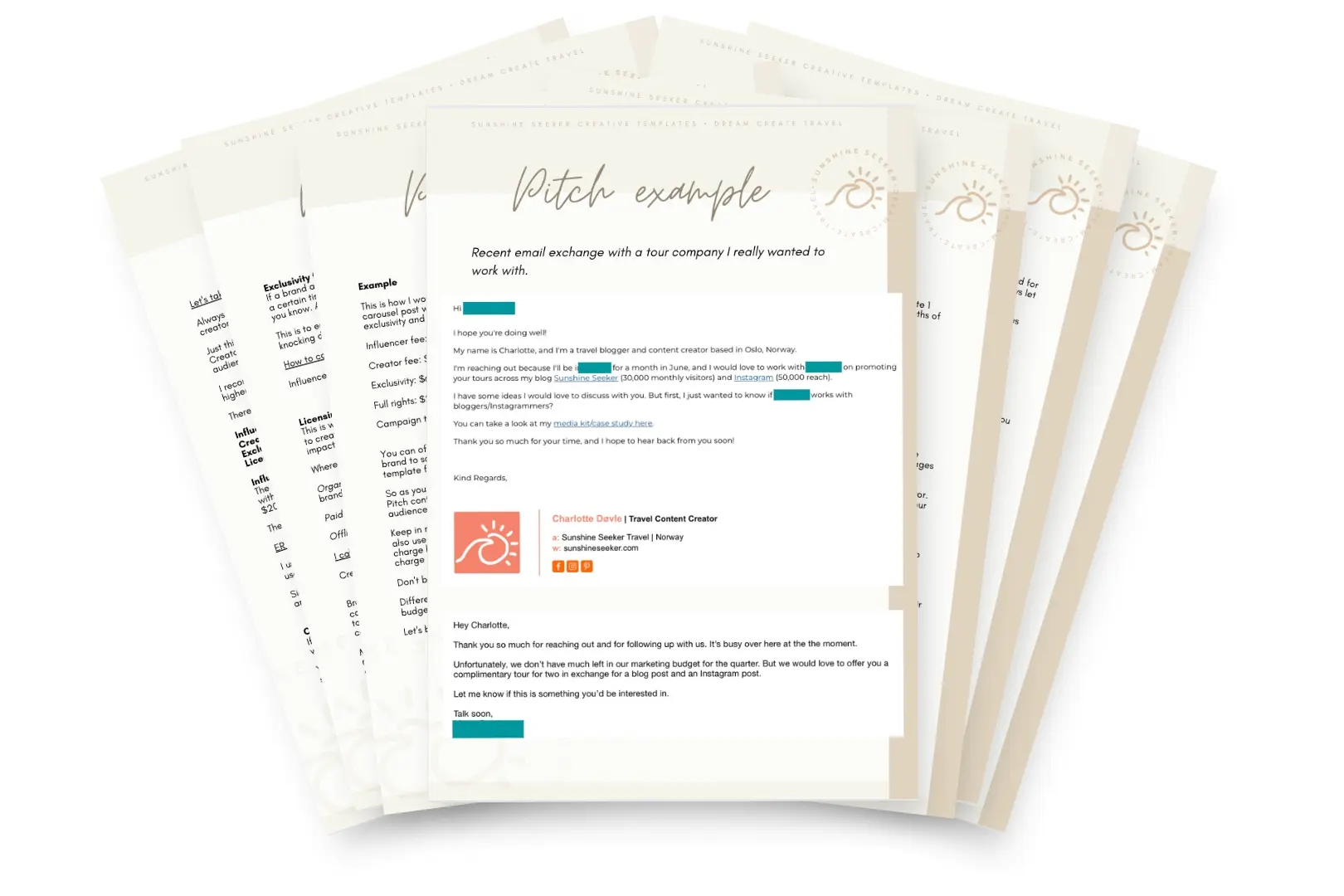 Mock up of the brand pitch examples and templates available in the Travel Creator Toolkit
