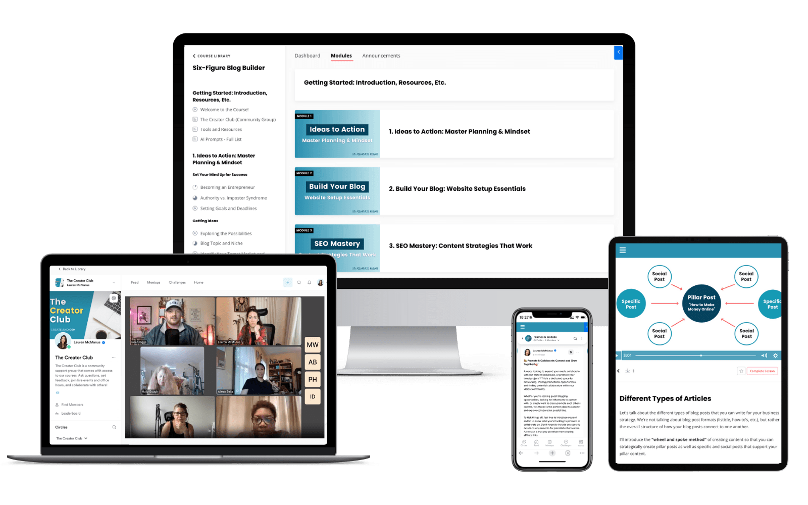 Mock-up of the content inside the Six-Figure Blog Builder program by Create and Go.