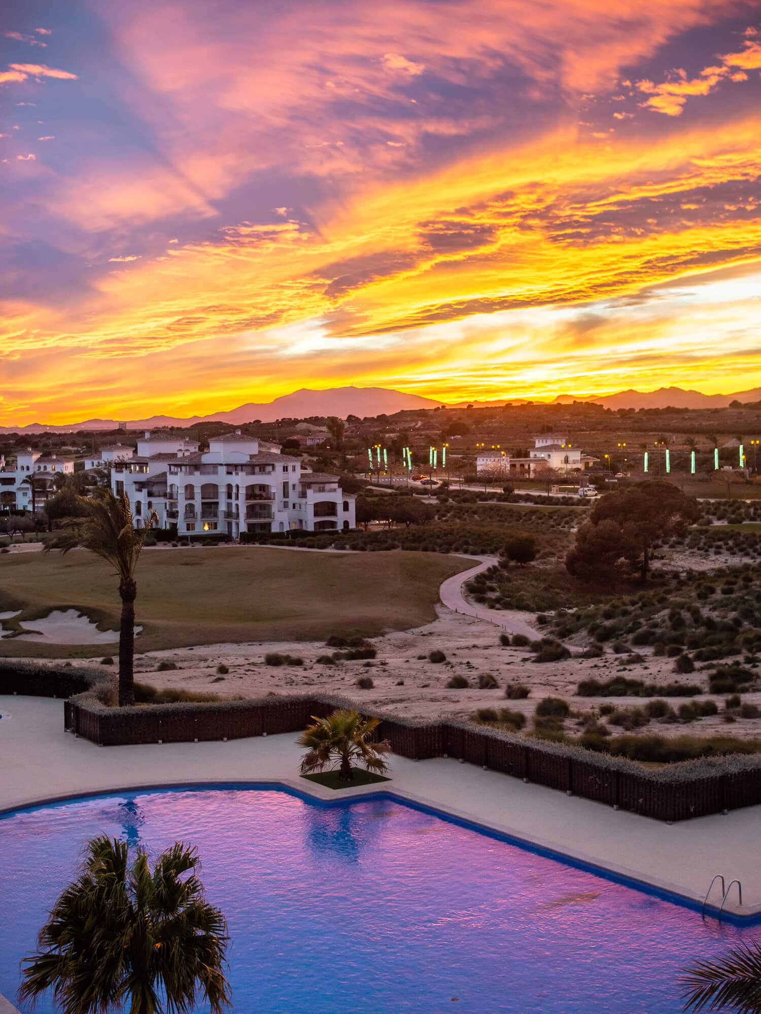 Spectacular sunset over beautiful Hacienda Riquelme, one of the best golf resorts in Spain.