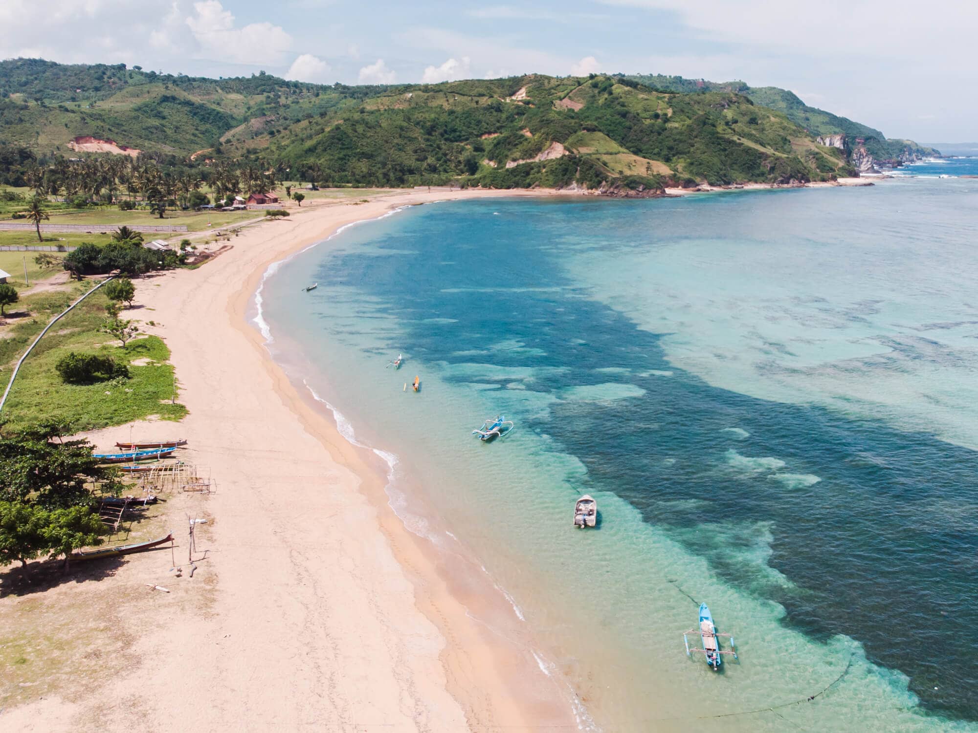 Aerial view of Are Guling, a popular surfing beach in Kuta Lombok