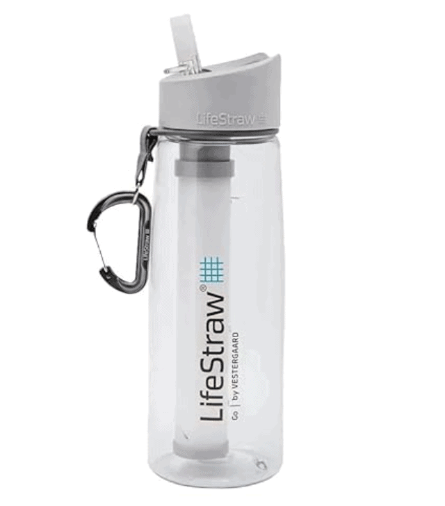 My favorite filtered water bottle for travel, backpacking, hiking. LifeStraw Go Water Filter Bottle.