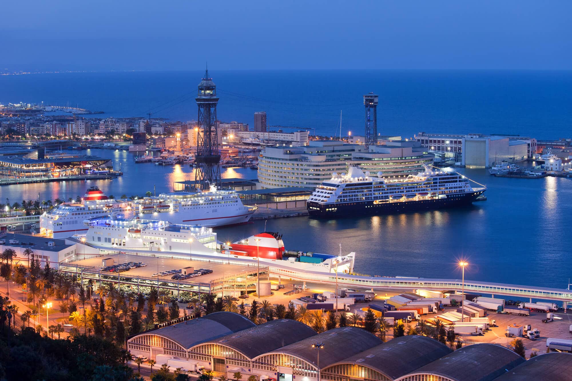 Night view of Barcelona cruise port and the World Trade Center.