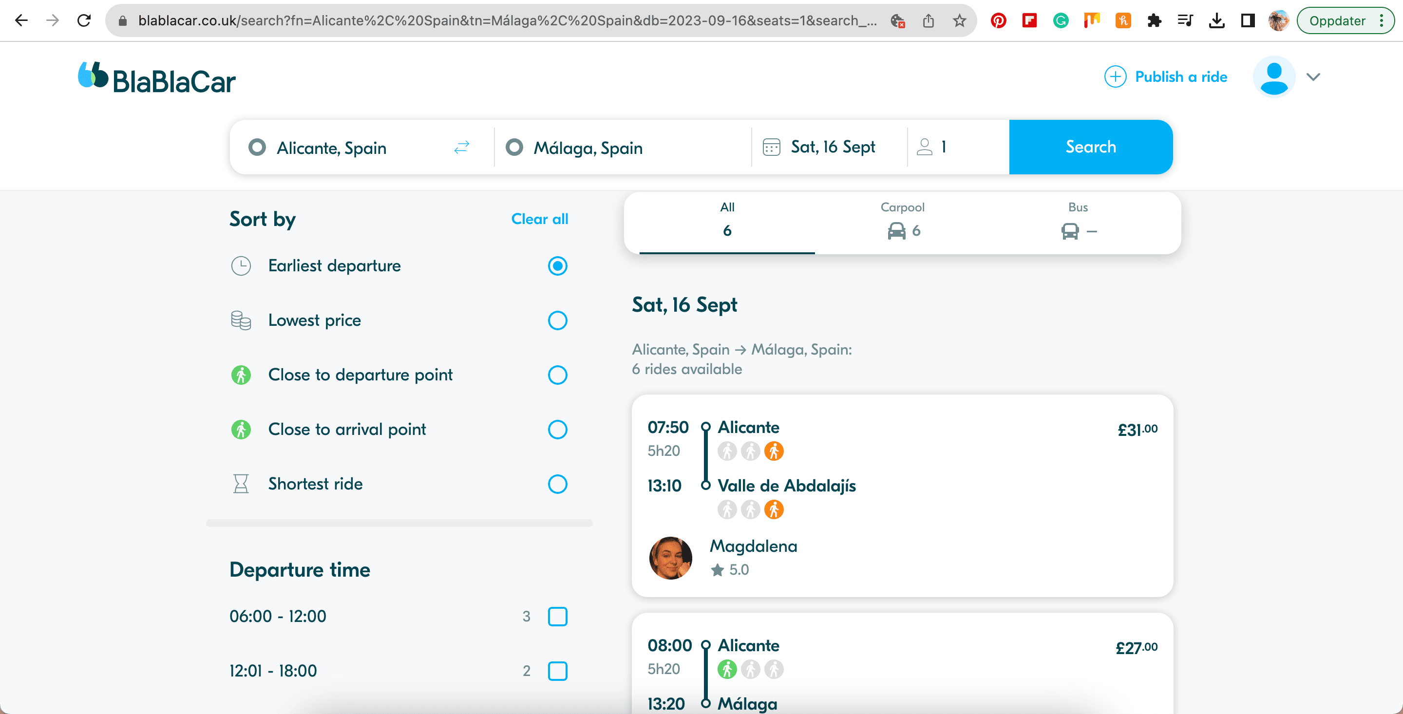 How to search for a ride on the BlaBlaCar website screenshot