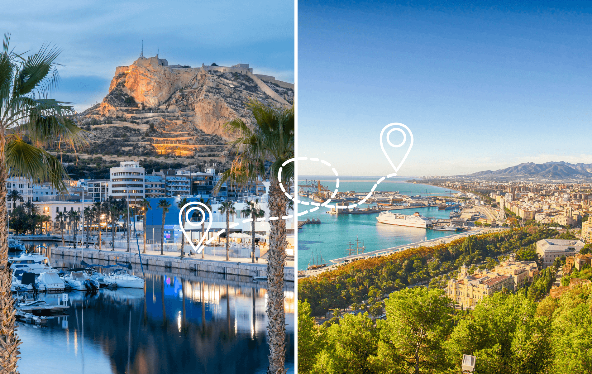 Alicante harbor at the left and Malaga harbor on the right. Read about my experience with BlaBlaCar in Spain.