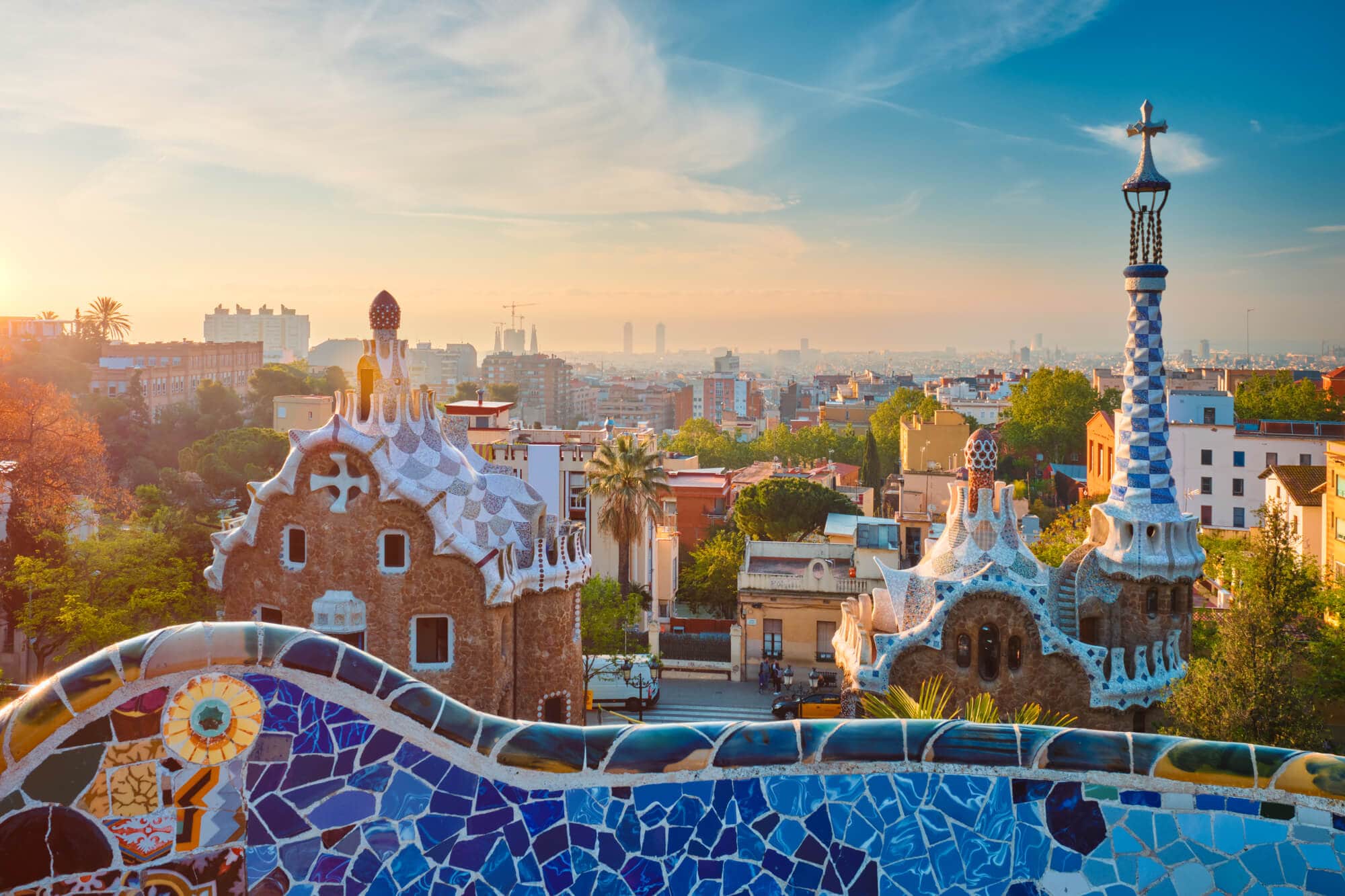 Early morning looking out over Parc Güell, on a shore excursion from Barcelona Cruise Port.