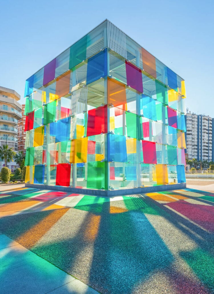 Light reflecting the colors of the glass cube on top of Centro Pompidou, close to the cruise port in Malaga Spain.