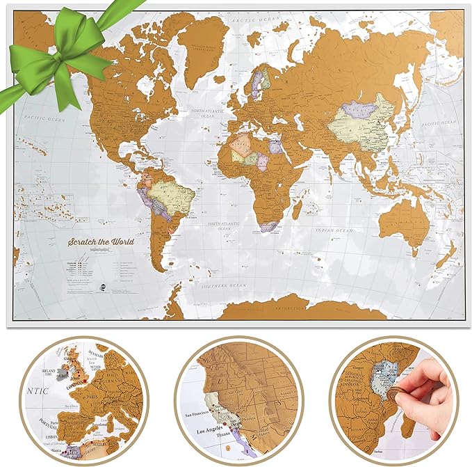 White and gold scratch off world map, the perfect travel gift under $50 for women and men.