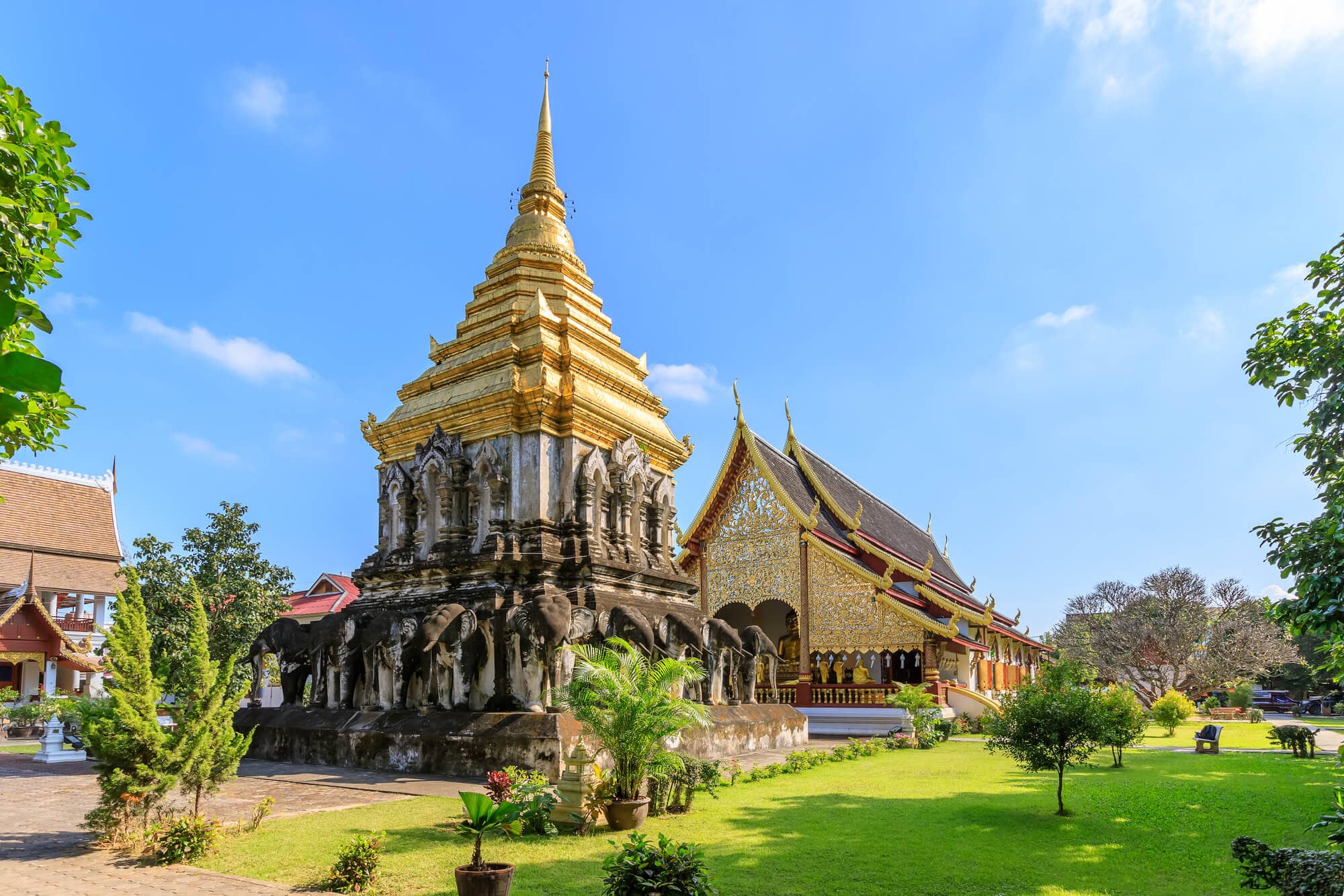 Gold pagoda next to a green lawn inside Wat Chiang Man temple in Chiang Mai on a sunny day.