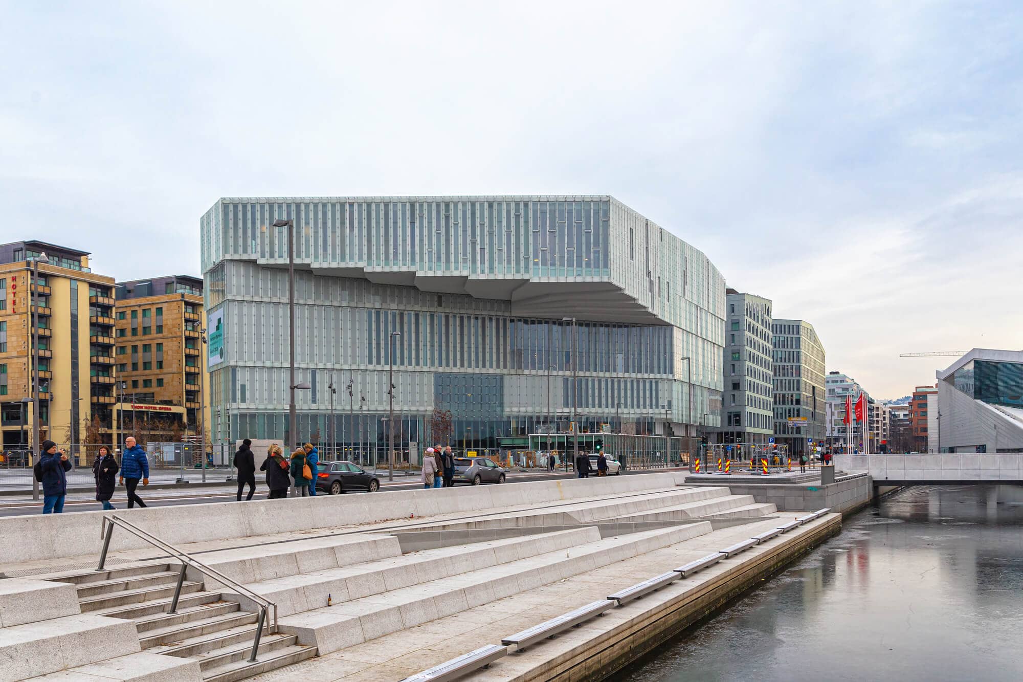 The ultra modern Deichman Oslo Public Library on the water's edge.