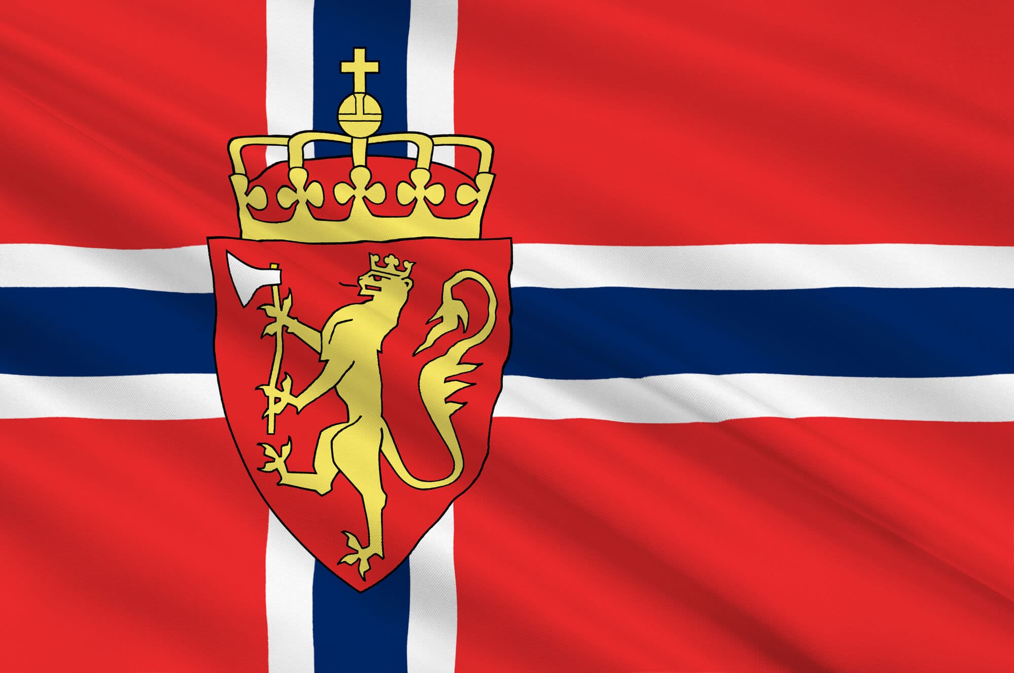 The red Norwegian coat of arms with a yellow lion in front of the Norwegian flag.