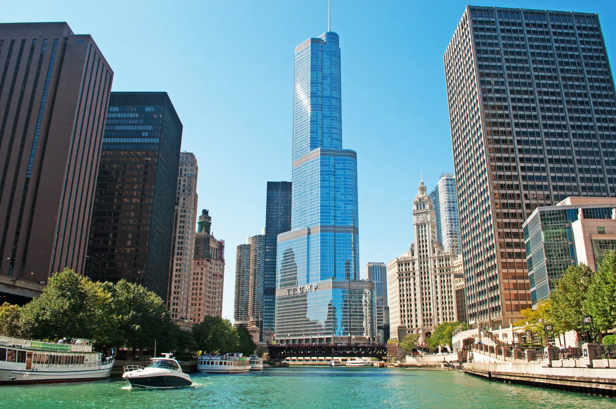 View of tall sky scrapers and a boat on the green Chicago River during an architectural boat tour.