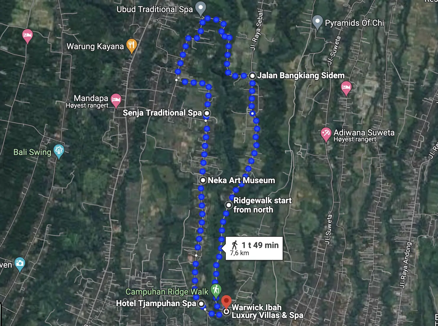 Screen shot of Google Maps outlining the longer route you can take to make Campuhan Ridge Walk a loop walk.