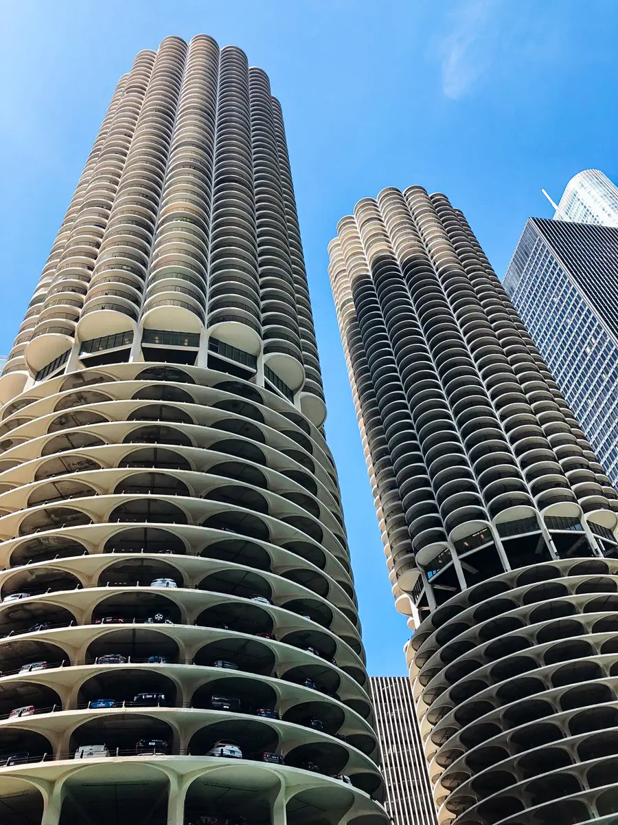 View from below of the two circular towers of Marina City during an architectural boat tour of Chicago.